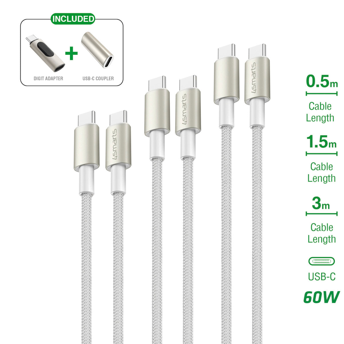 4smarts USB-C Cable Set PremiumCord 60W incl. Digit Adapter and Coupler white / gold