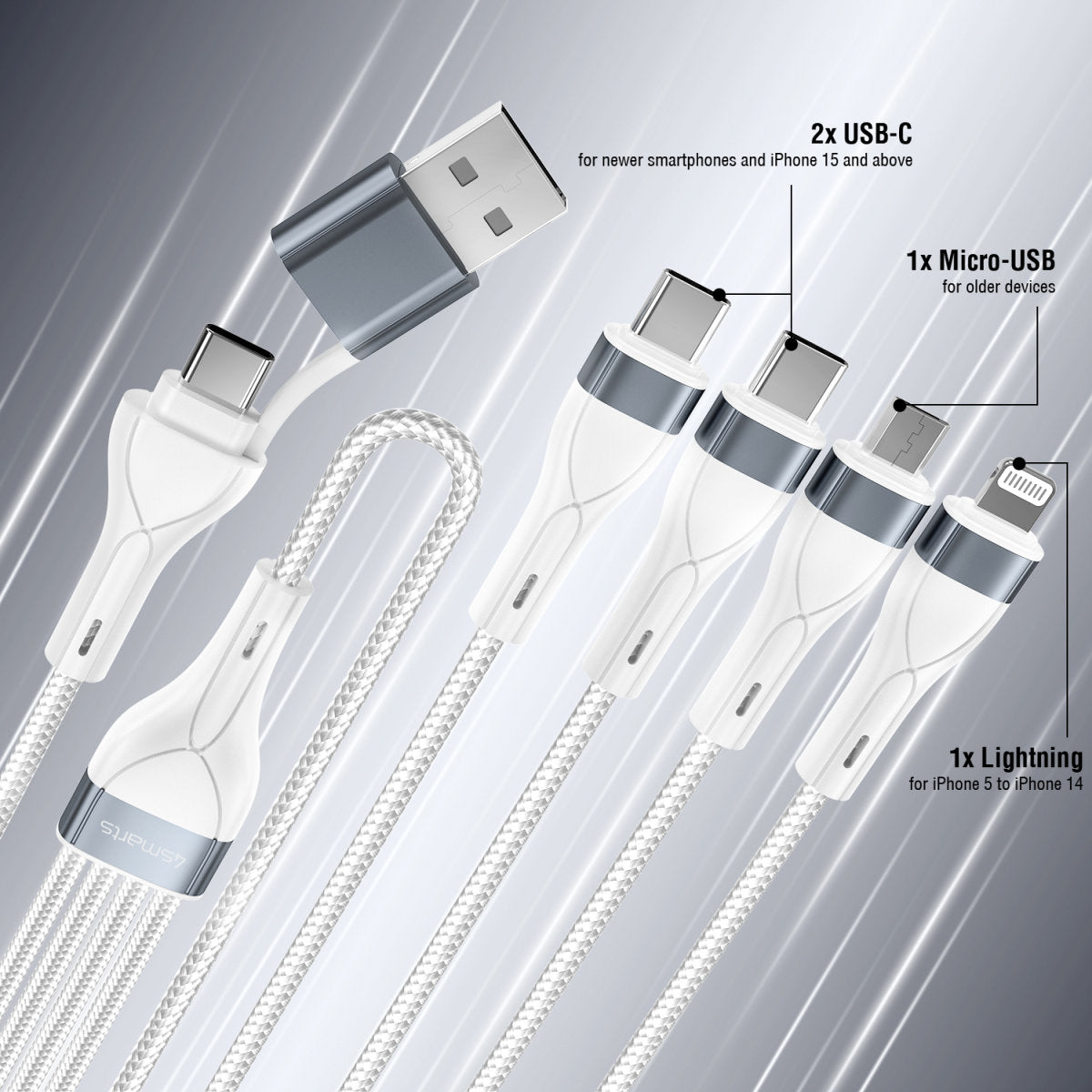 4smarts USB-C/A Multi-Ladekabel 4in2 25cm, weiß